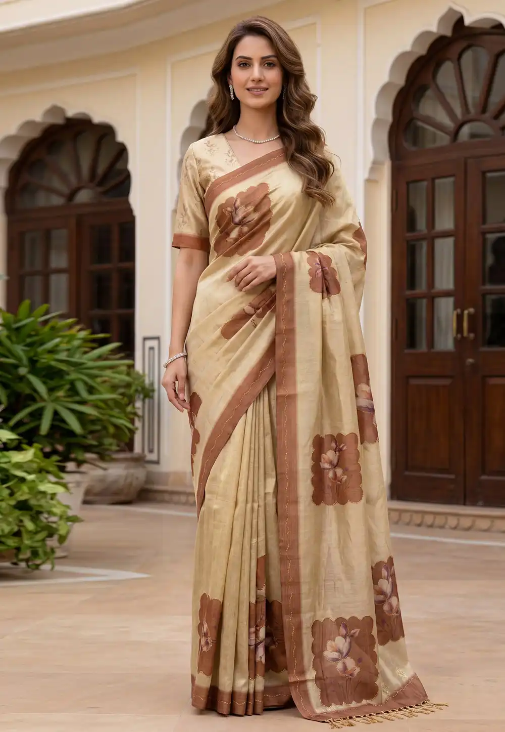 Beige Silk Saree With Blouse 327496