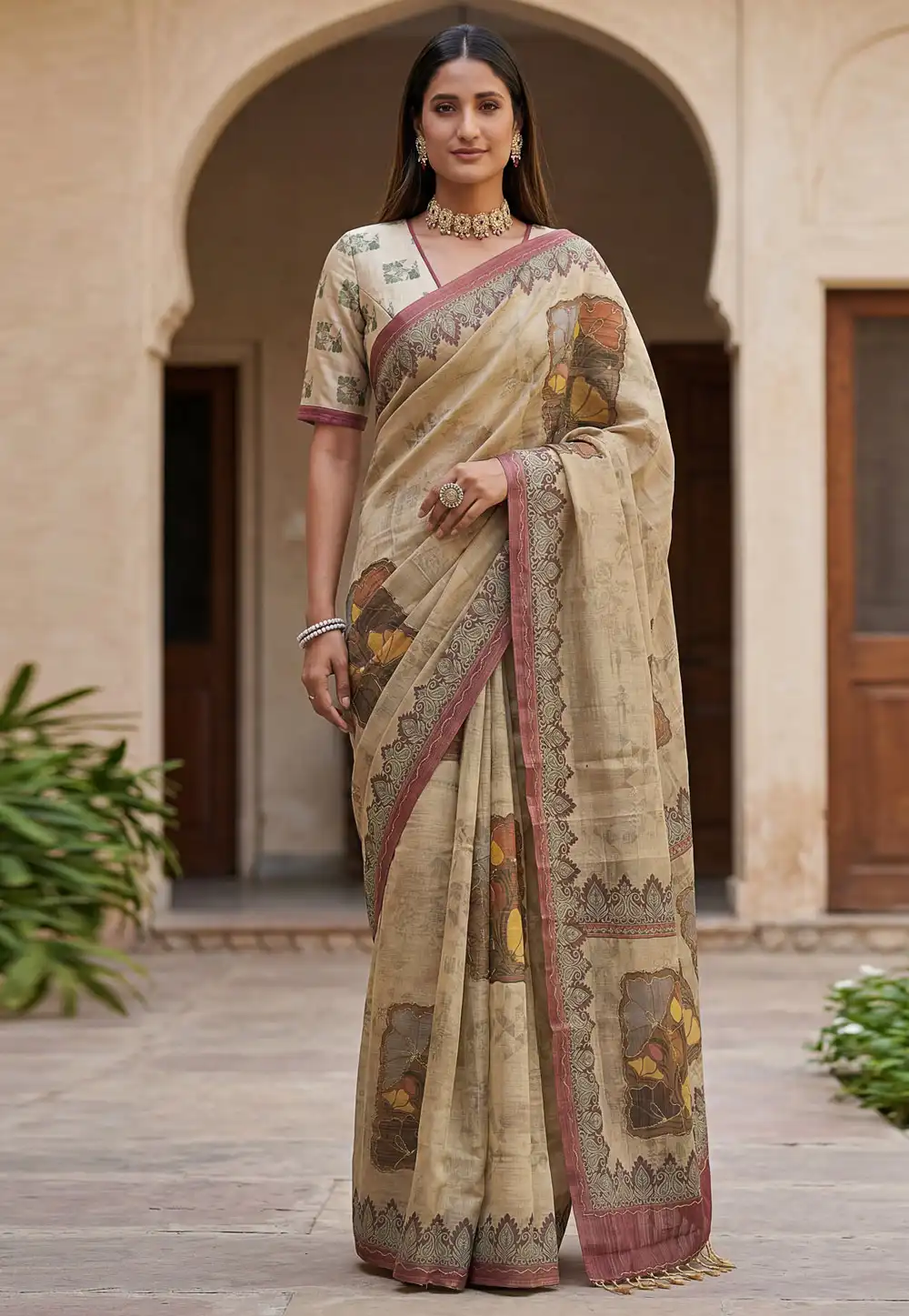 Beige Silk Saree With Blouse 328841