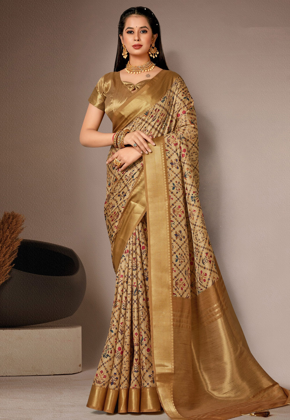 Beige Silk Saree With Blouse 278761