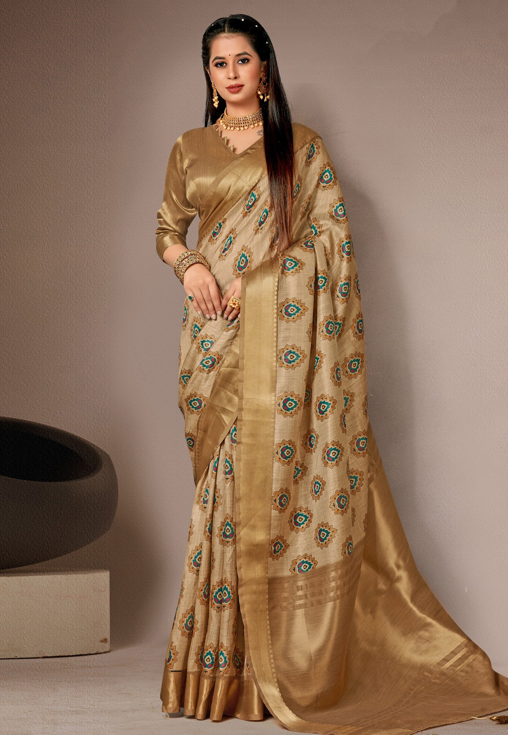 Beige Silk Saree With Blouse 278763