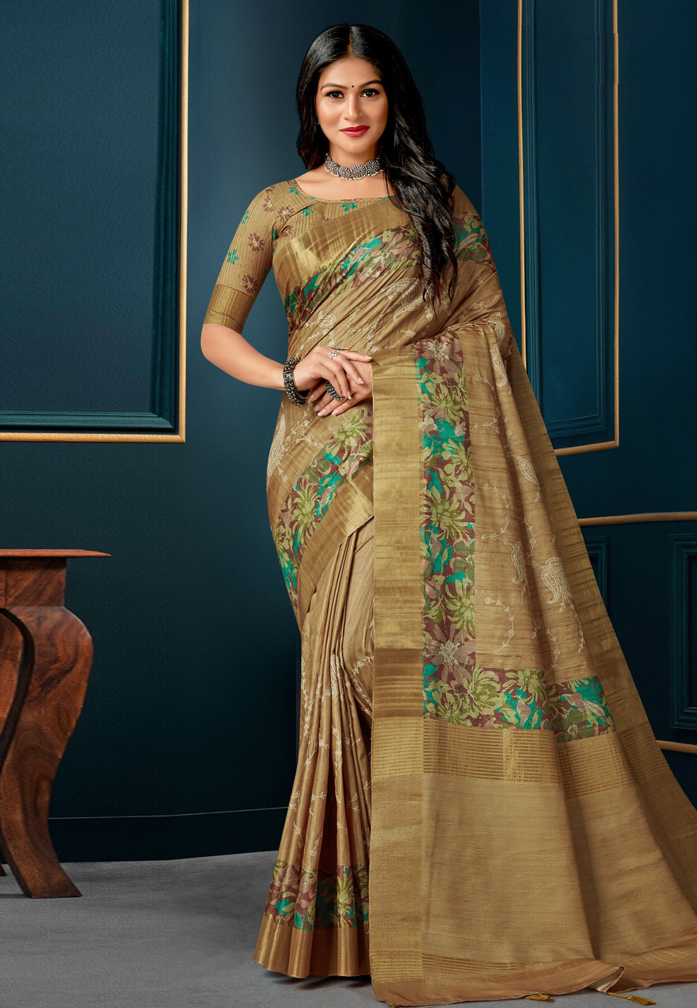 Beige Silk Saree With Blouse 279480