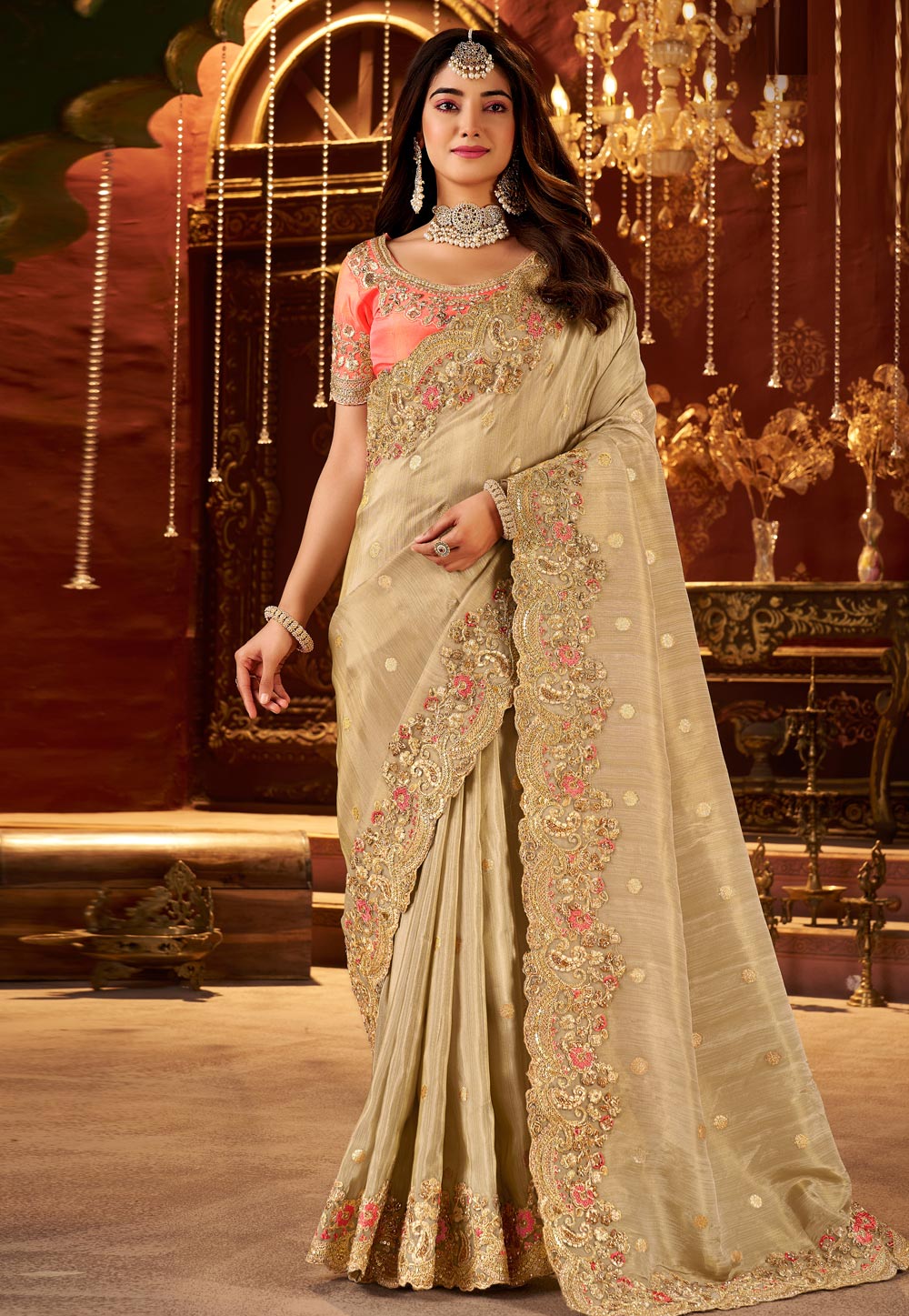 Beige Silk Saree With Blouse 321700