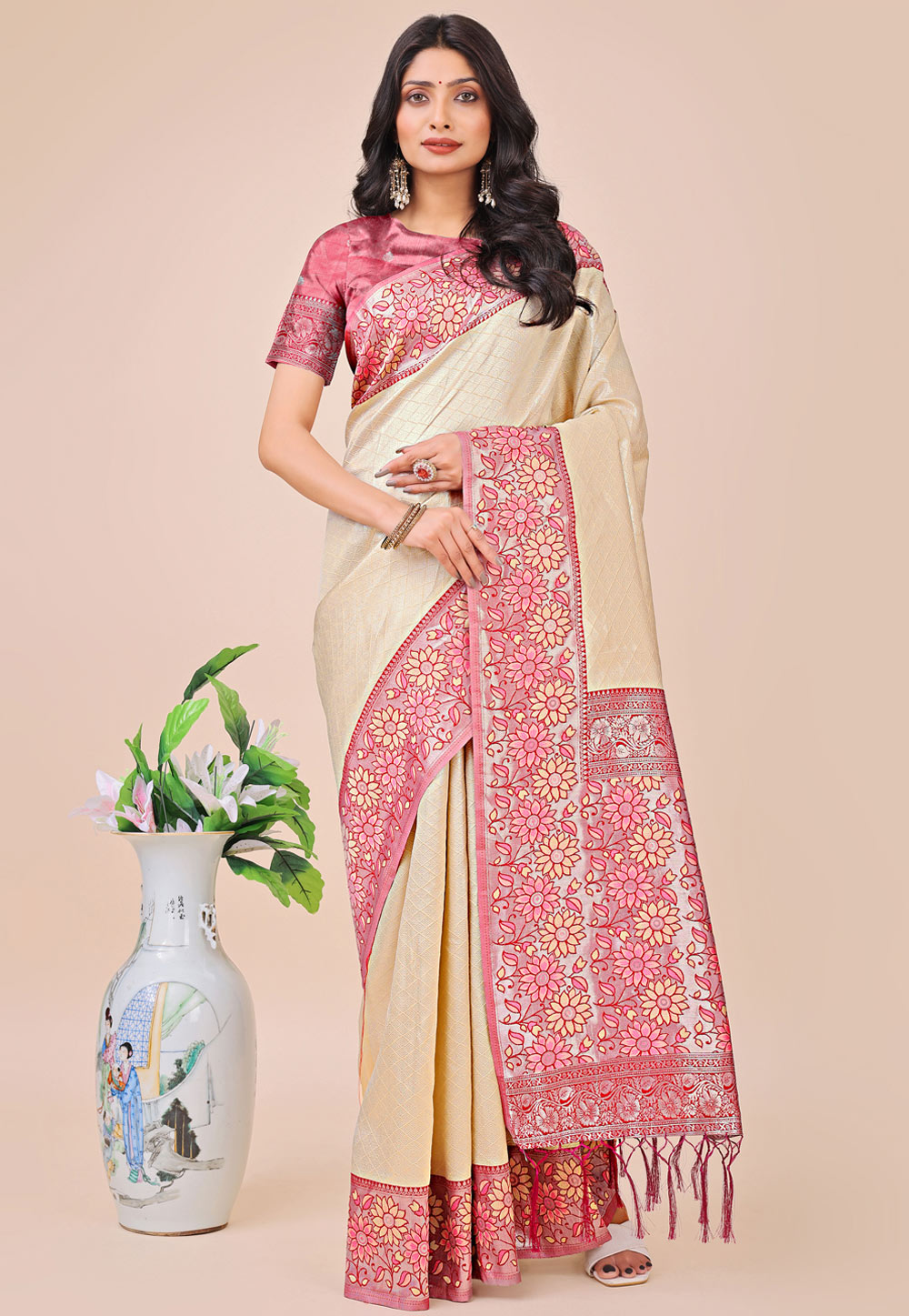 Beige Silk Saree With Blouse 312156