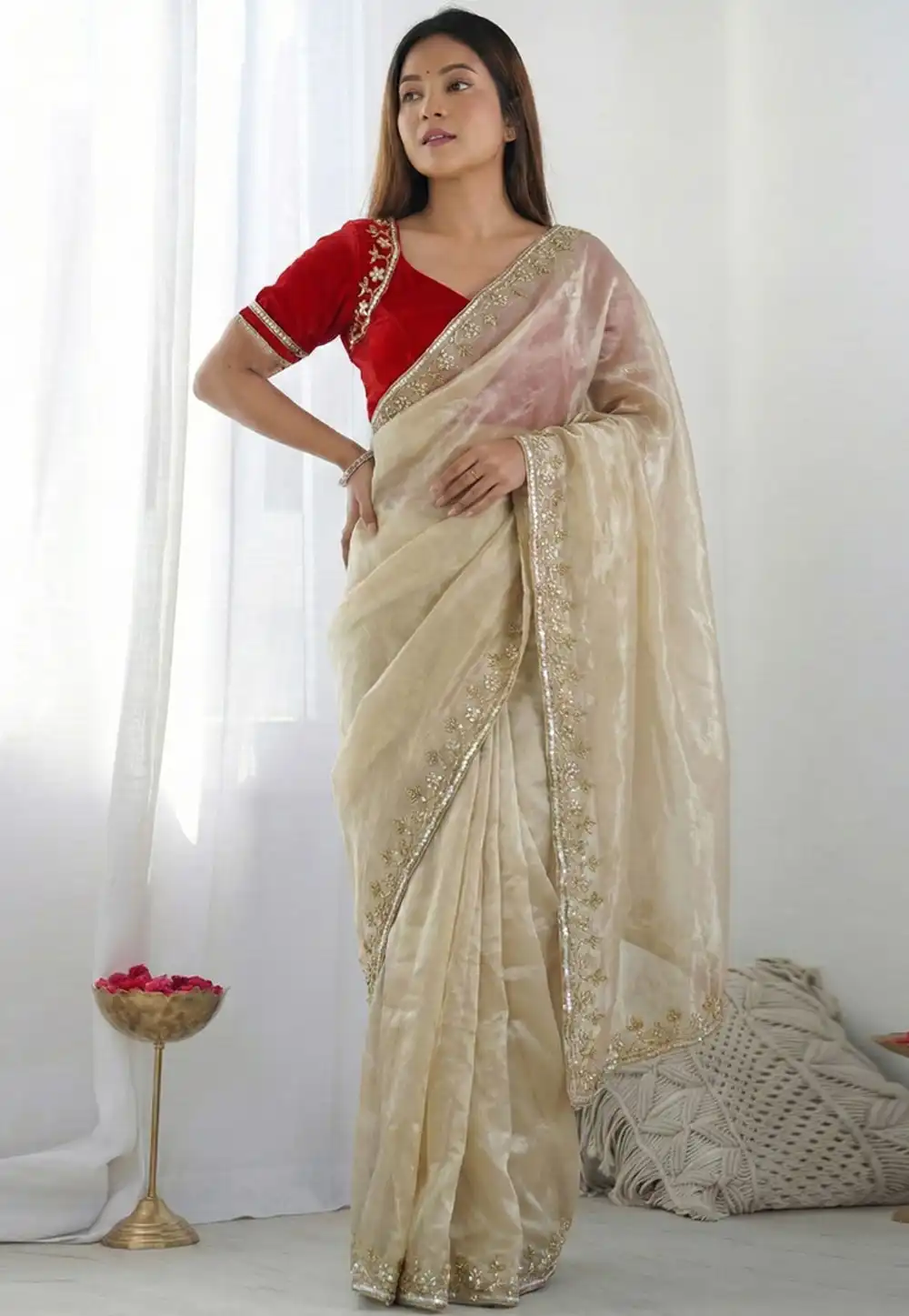 Beige Silk Saree With Blouse 330043