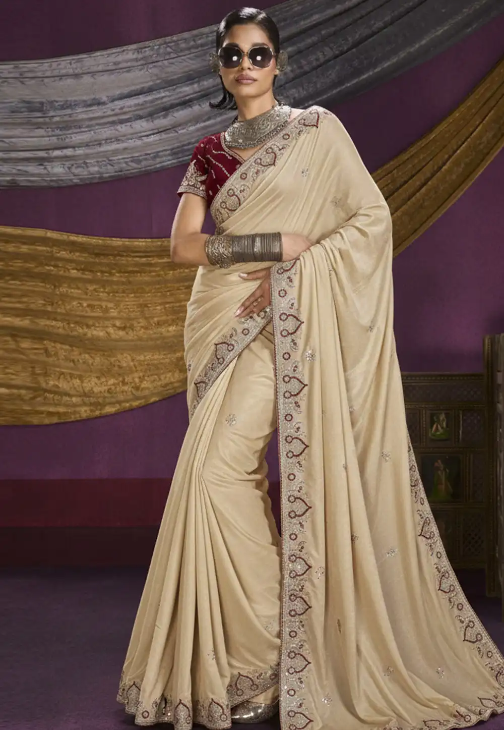 Beige Silk Saree With Blouse 330077