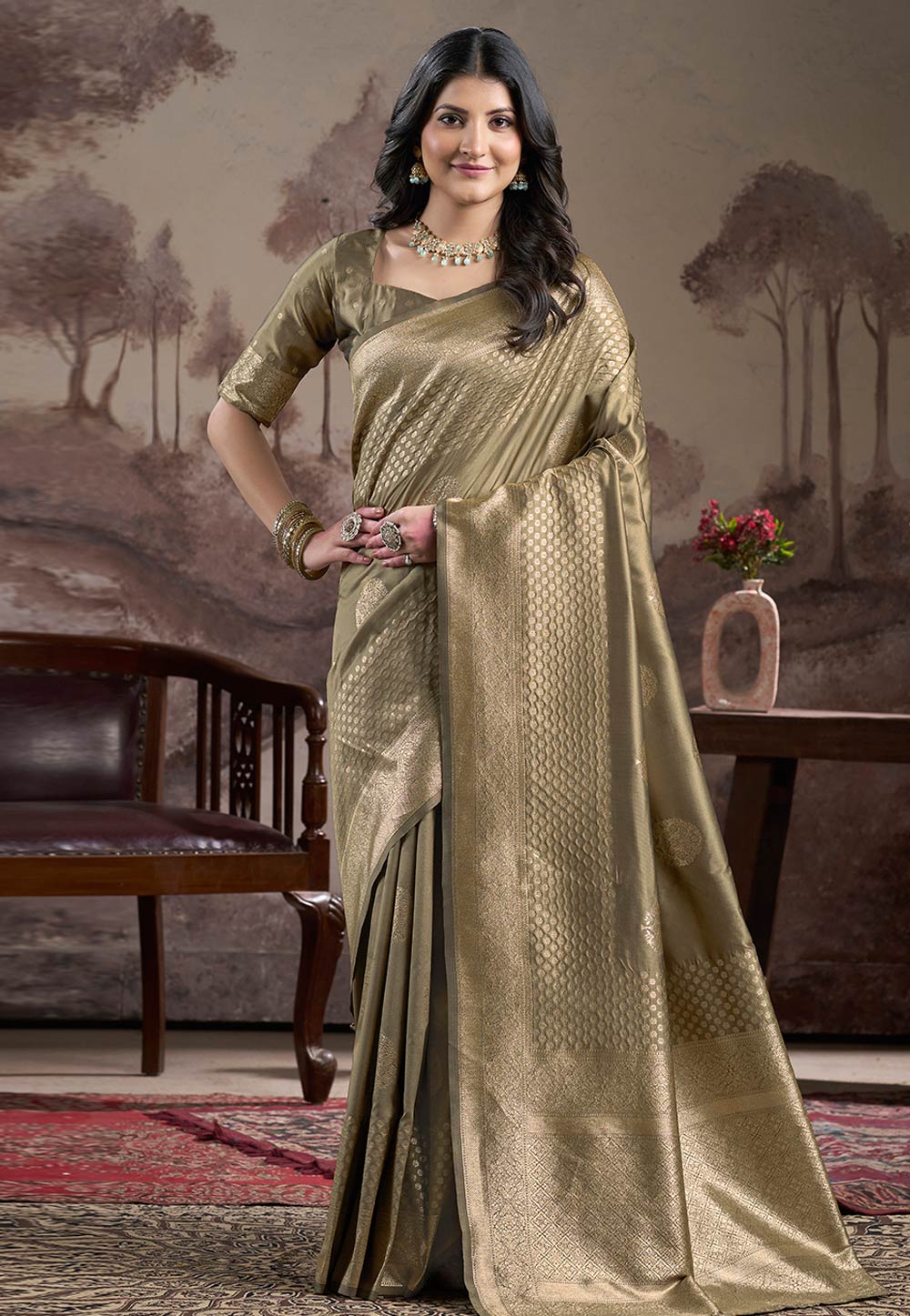 Beige Silk Saree With Blouse 312164