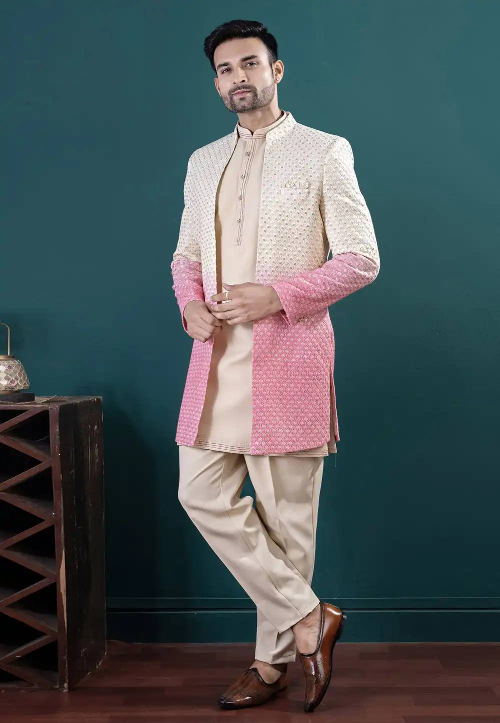 Beige Silk Satin Indo Western Suit 317822
