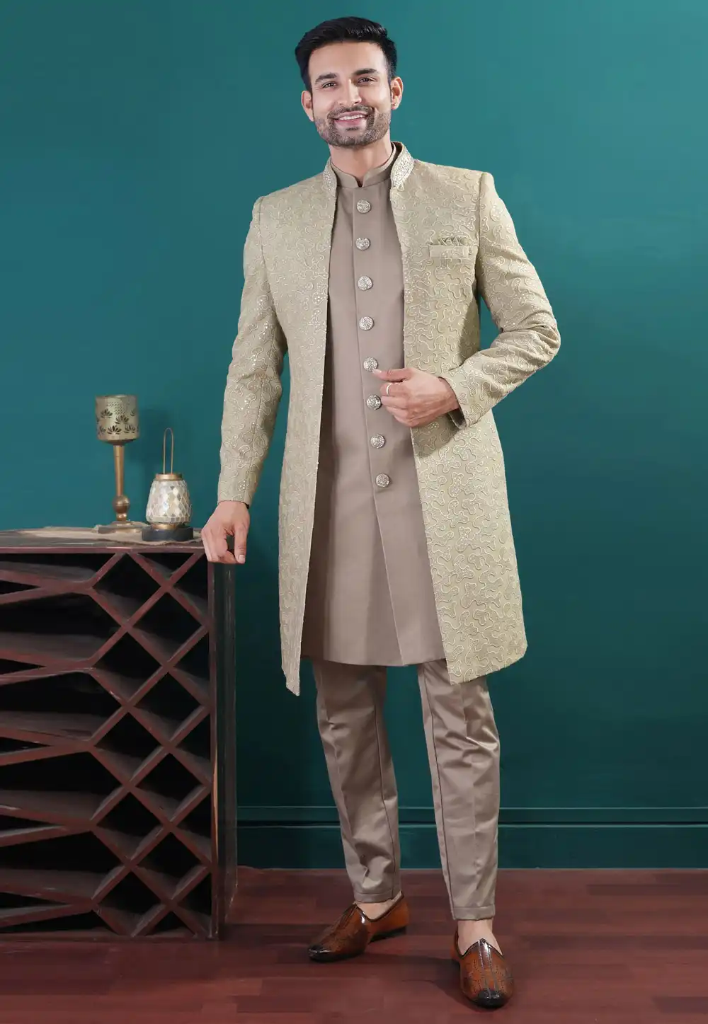 Beige Silk Satin Indo Western Suit 317832