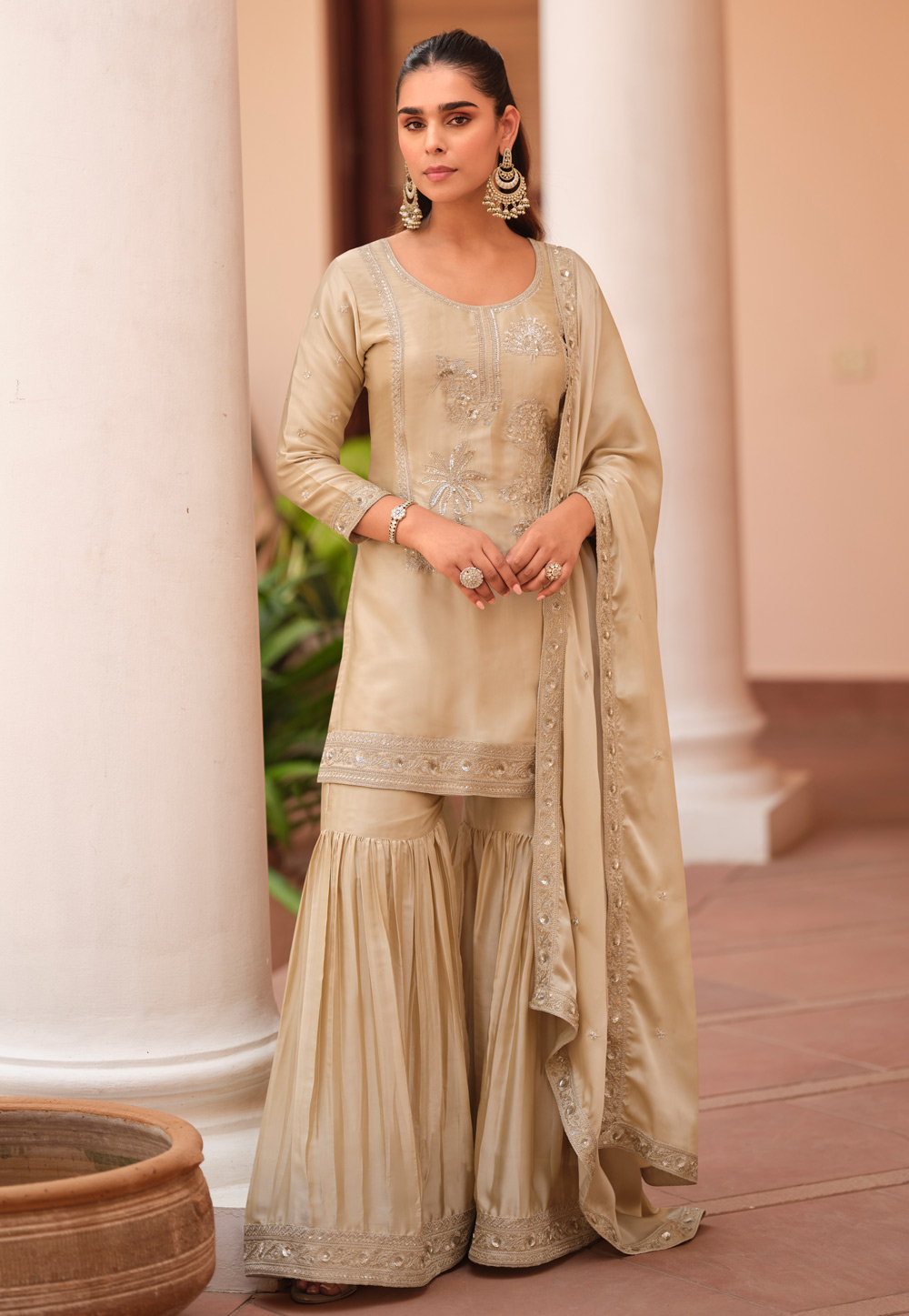 Beige Silk Satin Sharara Suit 319177