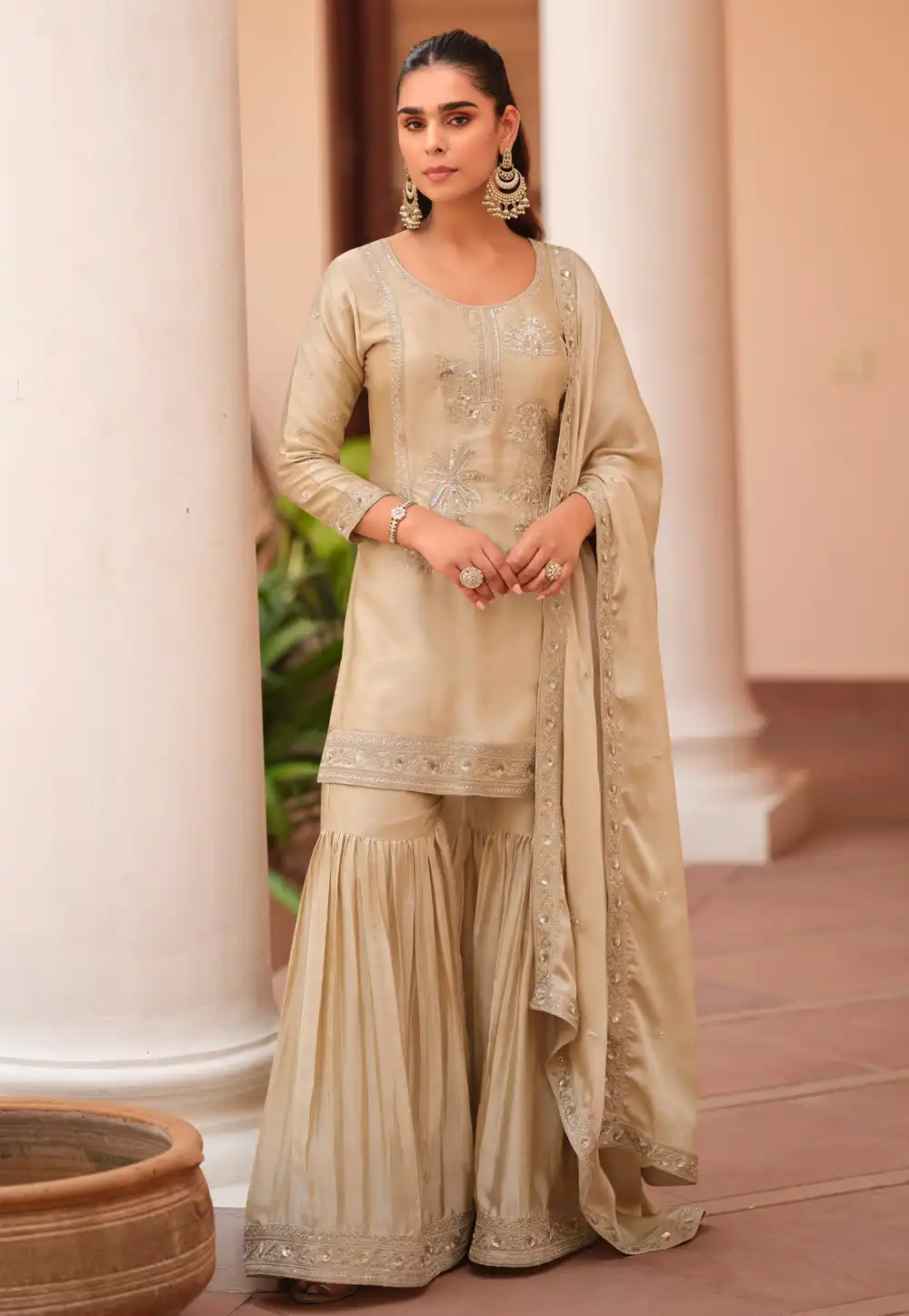 Beige Silk Satin Sharara Suit 319177
