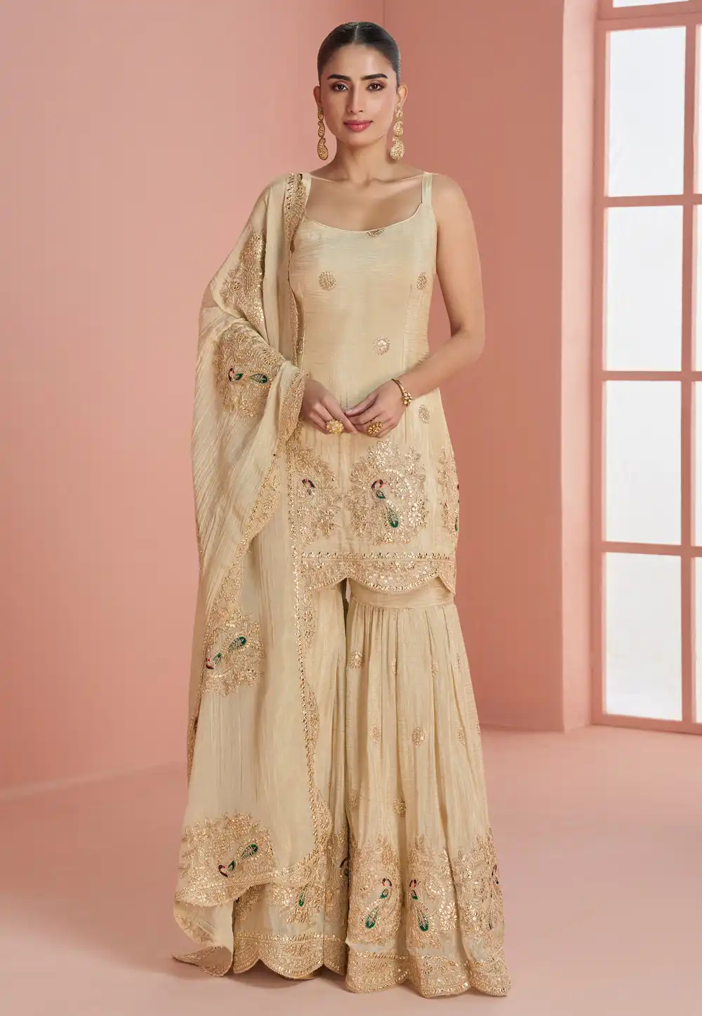 Beige Silk Sharara Suit 330206