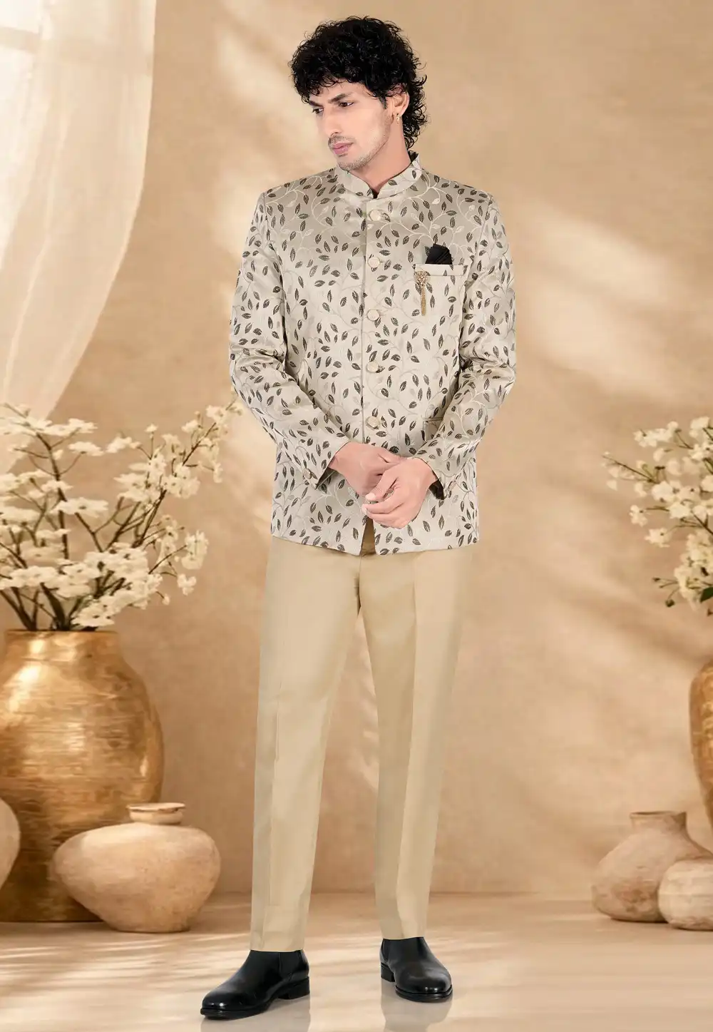 Beige Suiting Jodhpuri Suit 328448
