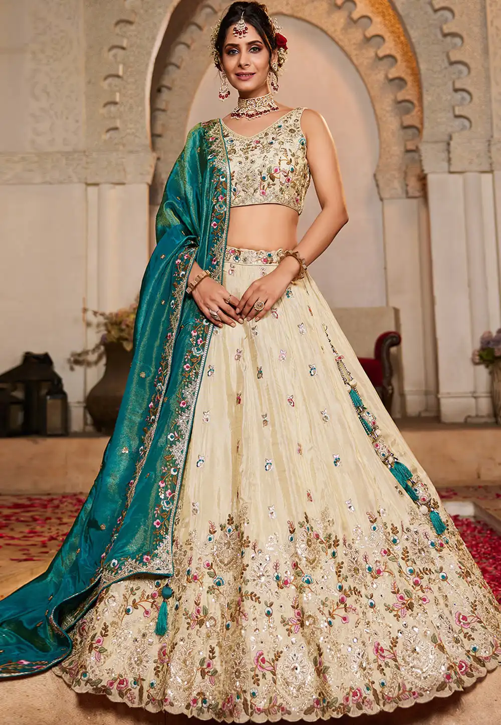 Beige Tissue Circular Lehenga Choli 312878