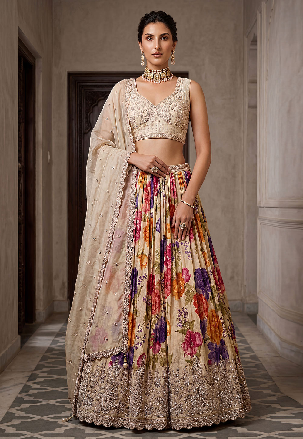 Beige Tissue Floral print Lehenga Choli 329240