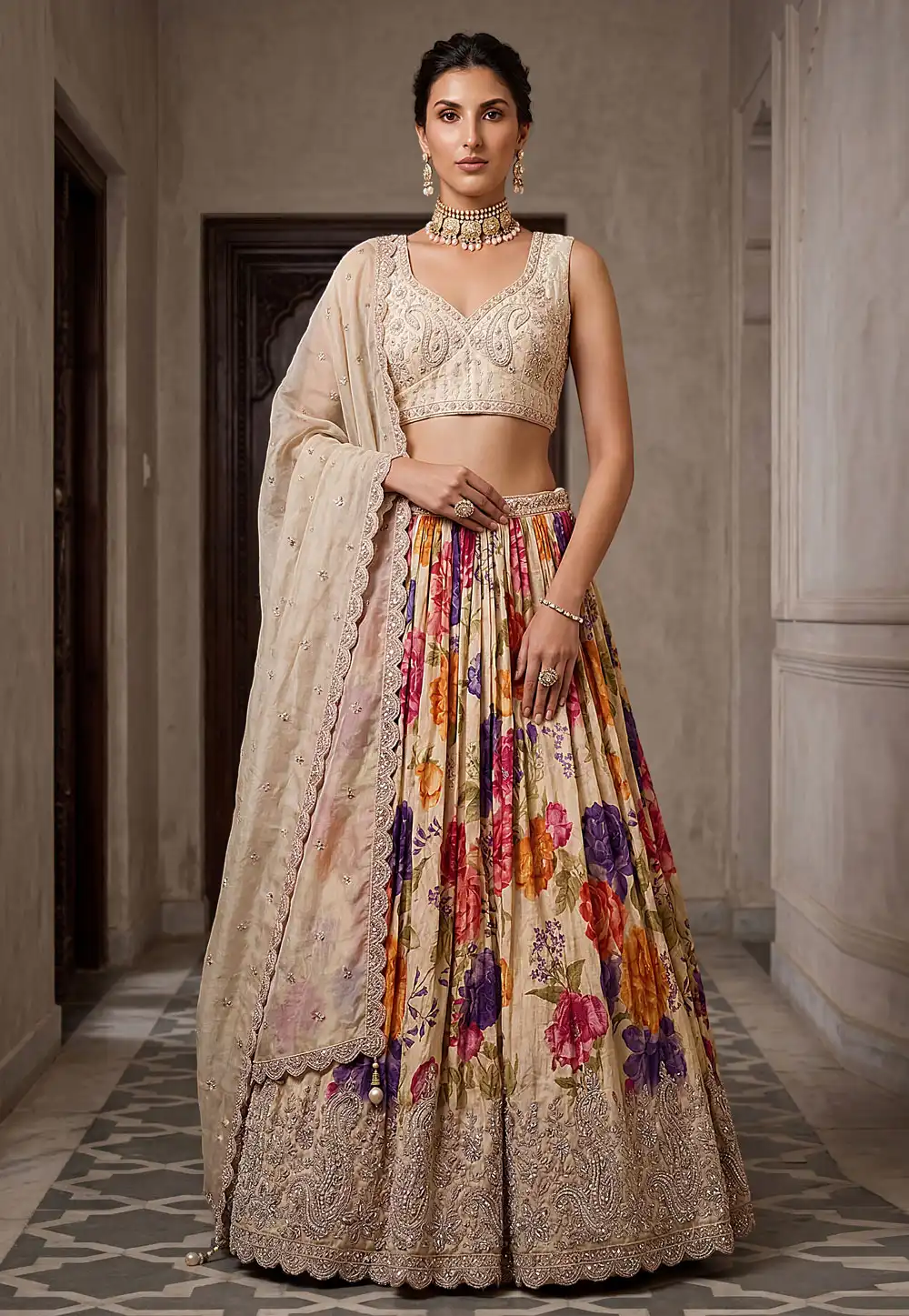 Beige Tissue Floral print Lehenga Choli 329240