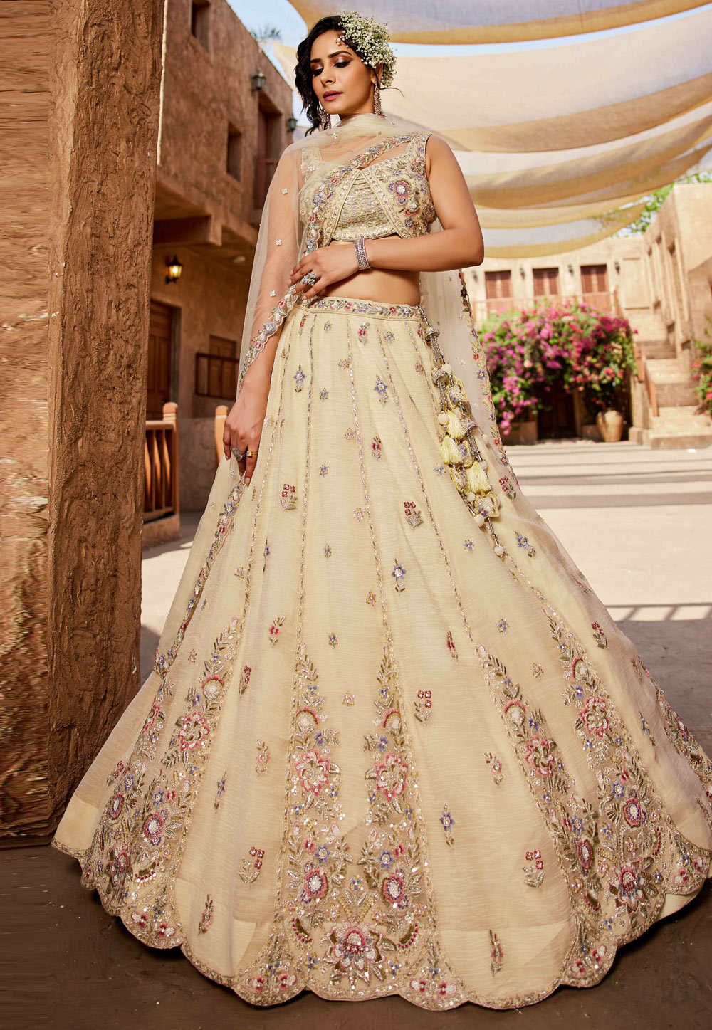 Beige Tissue Lehenga Choli 306625