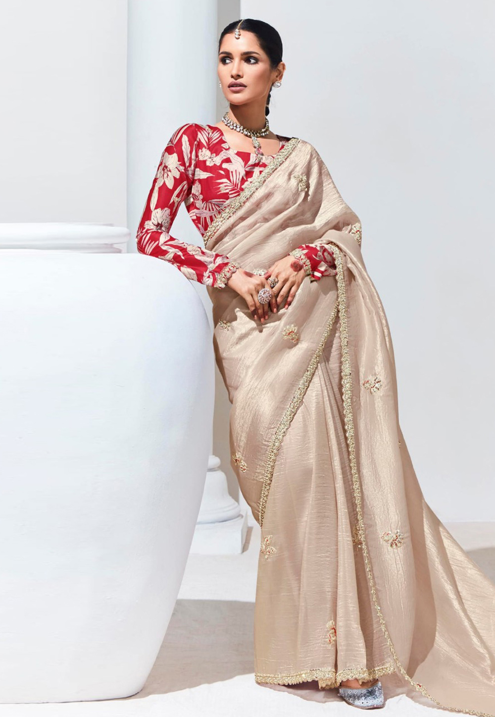 Beige Tissue Saree With Blouse 307787