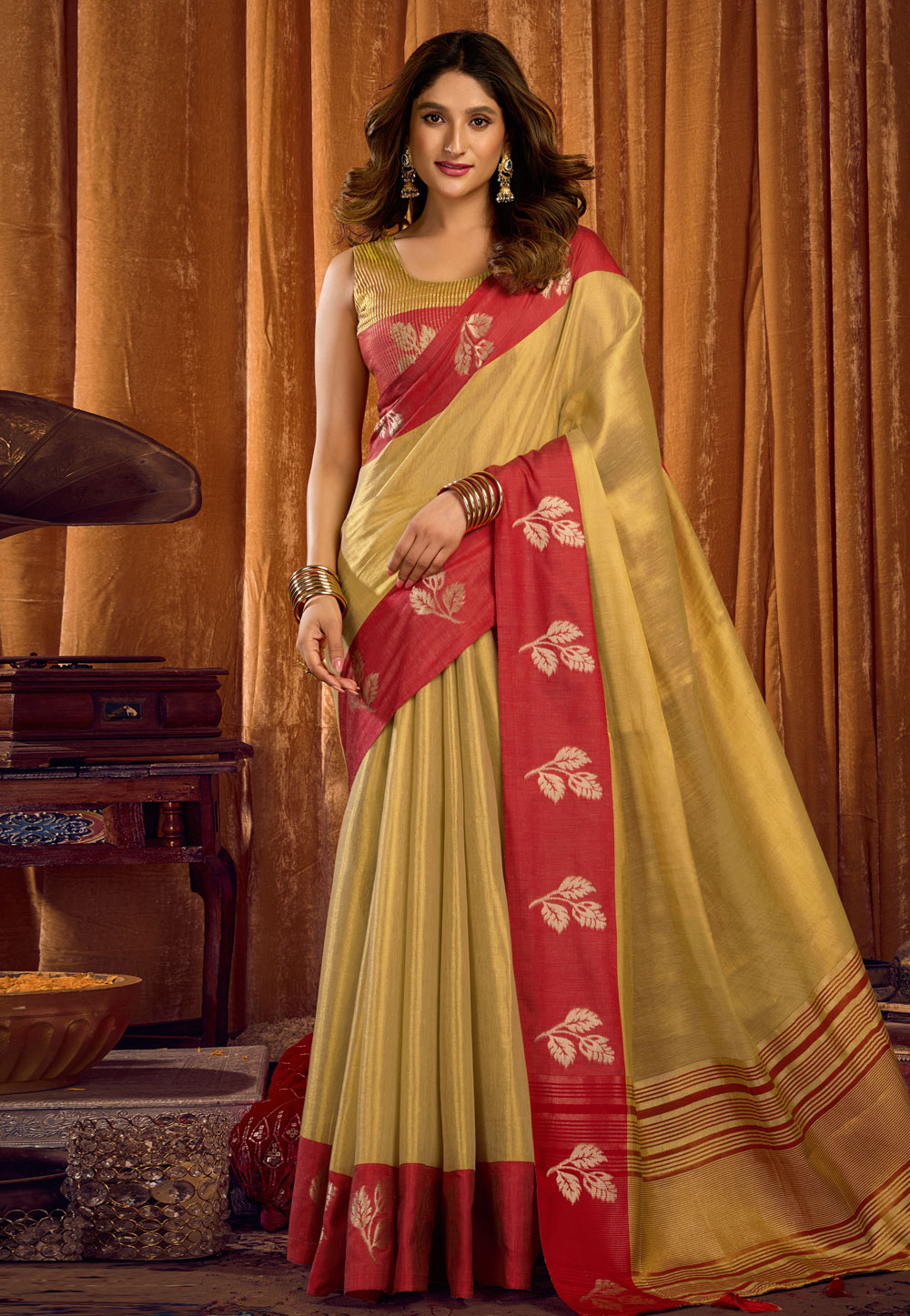 Beige Tissue Saree With Blouse 321087