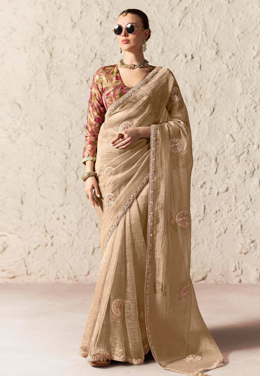 Beige Tissue Saree With Blouse 327899