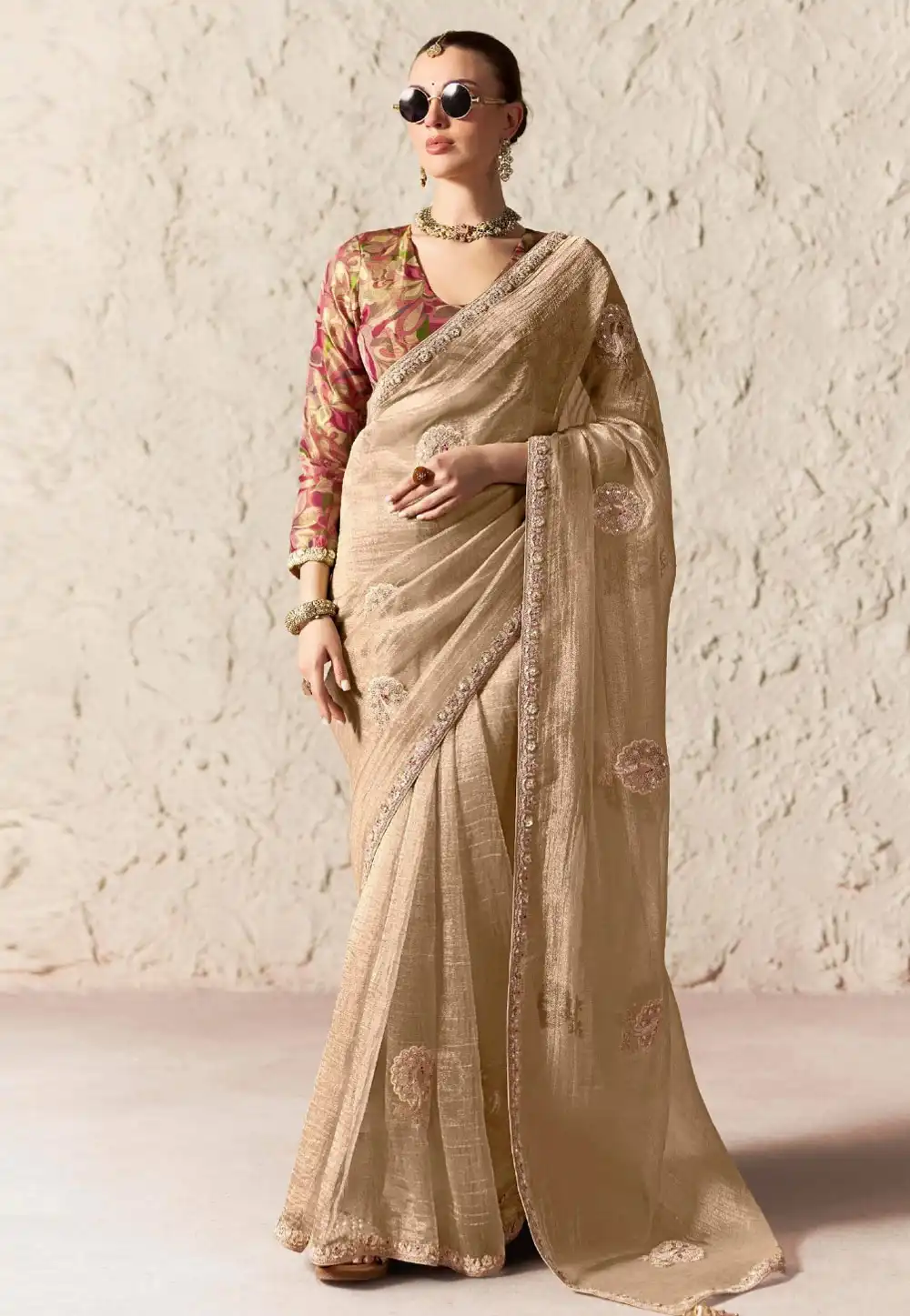 Beige Tissue Saree With Blouse 327899