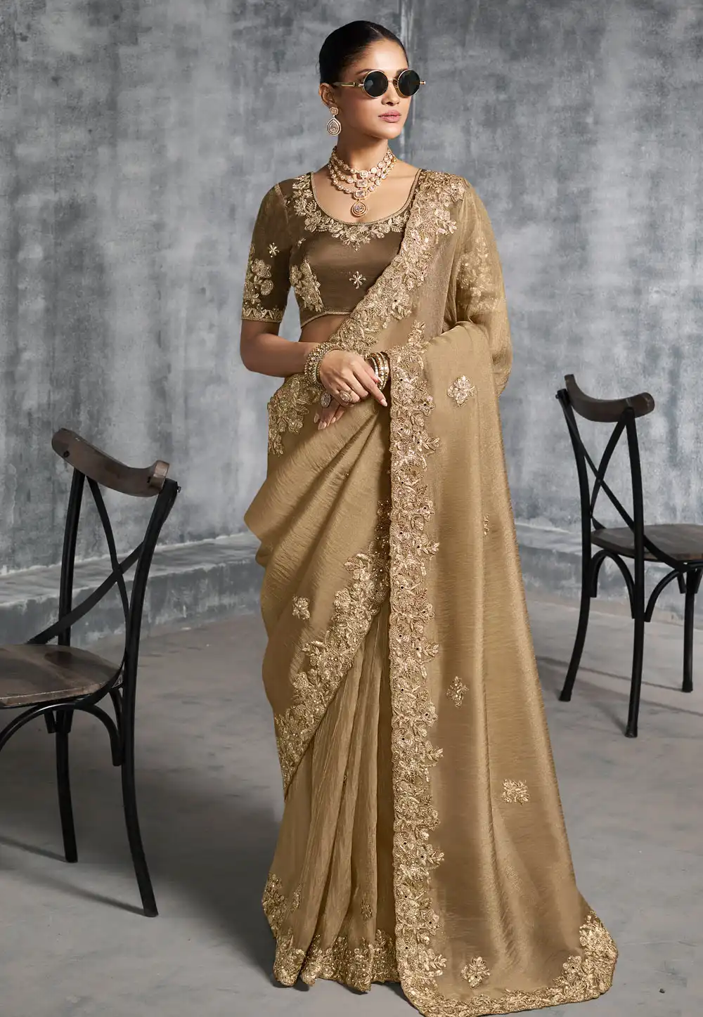 Beige Tissue Saree With Blouse 317939