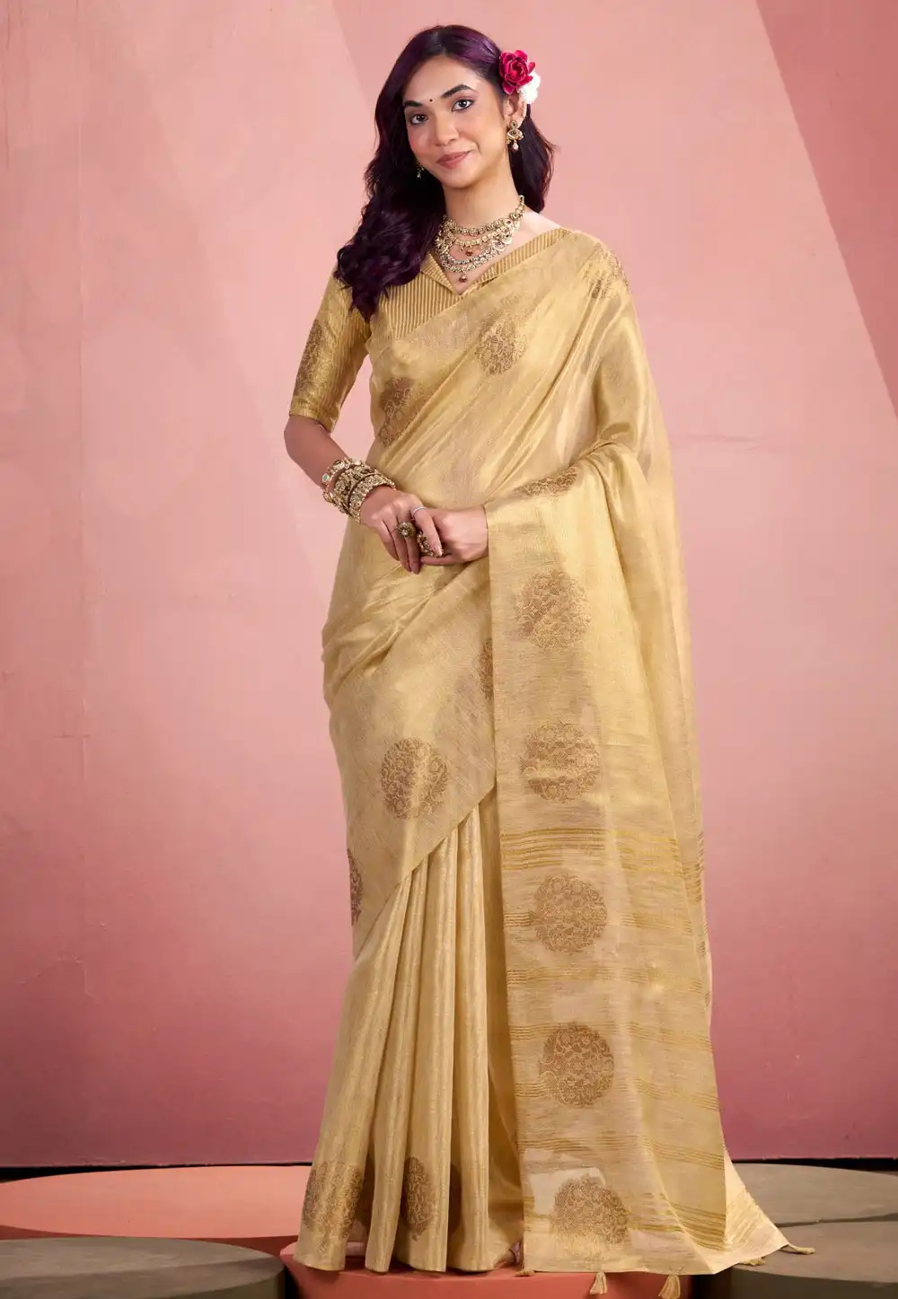 Beige Tissue Saree With Blouse 314298