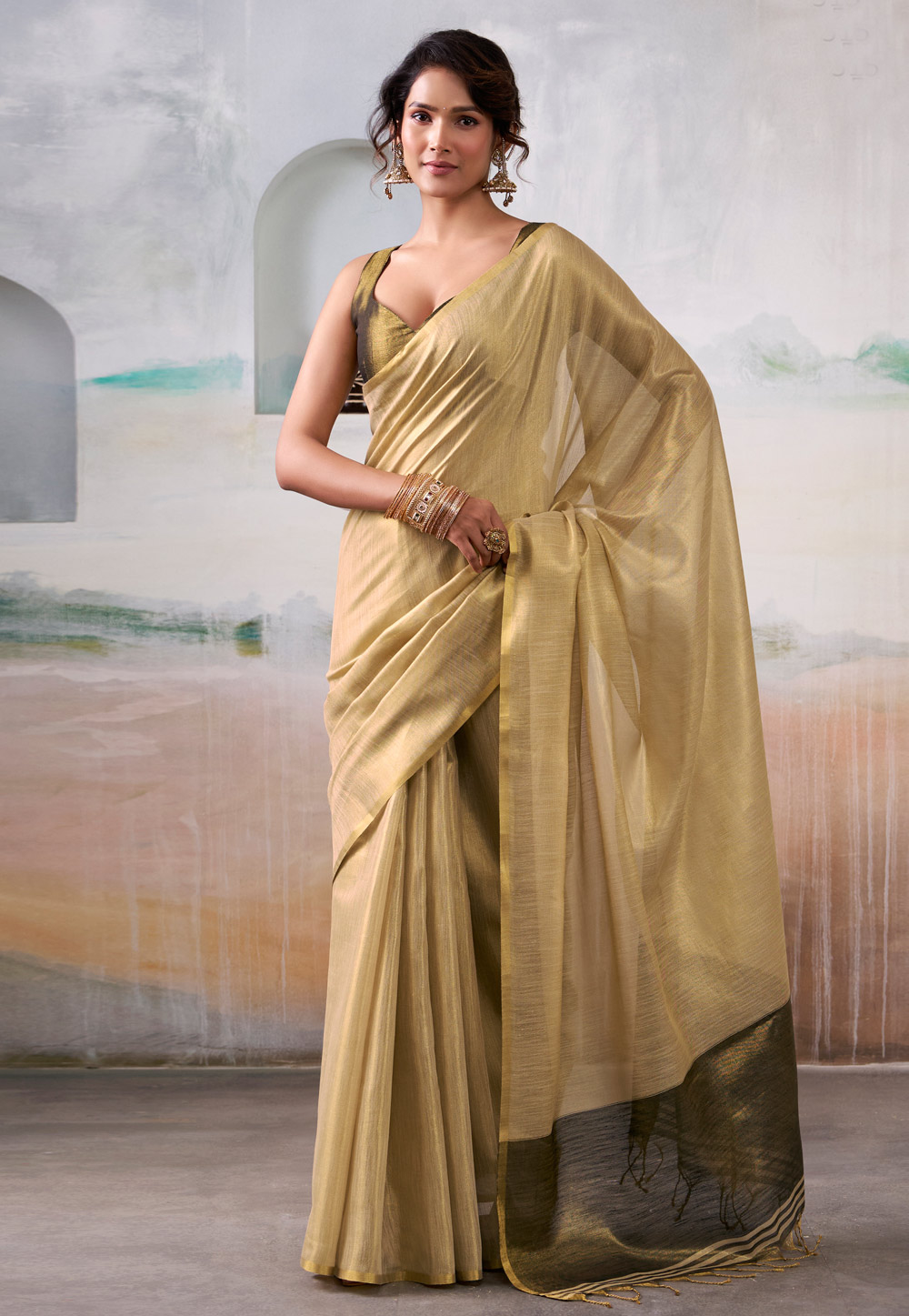 Beige Tissue Saree With Blouse 320145
