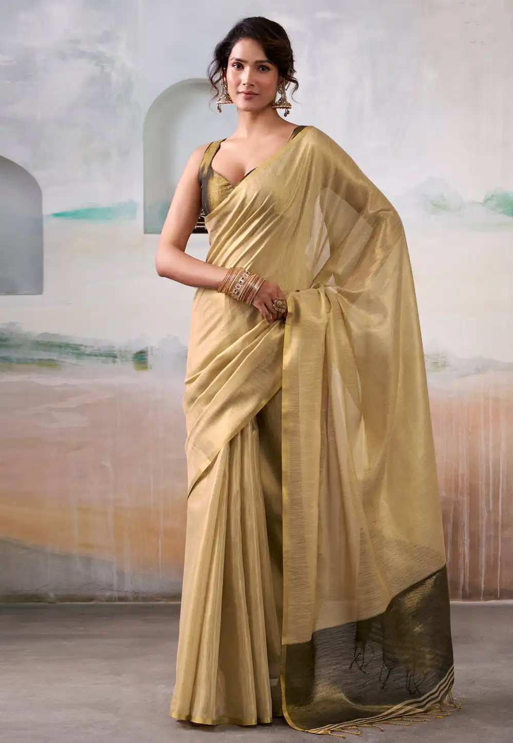 Beige Tissue Saree With Blouse 320145