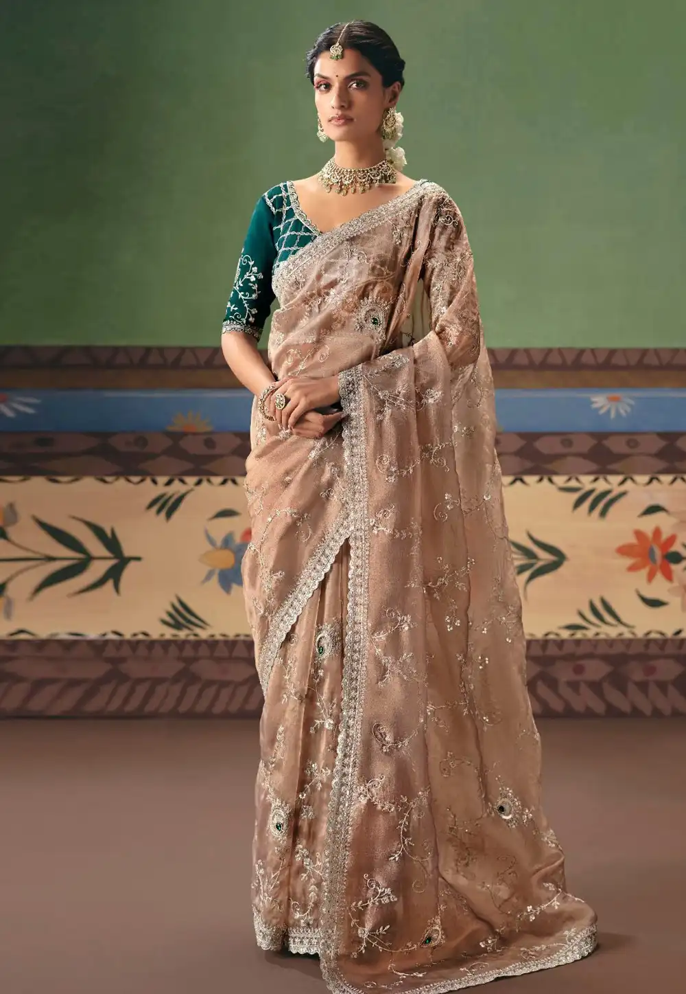 Beige Tissue Saree With Blouse 324647