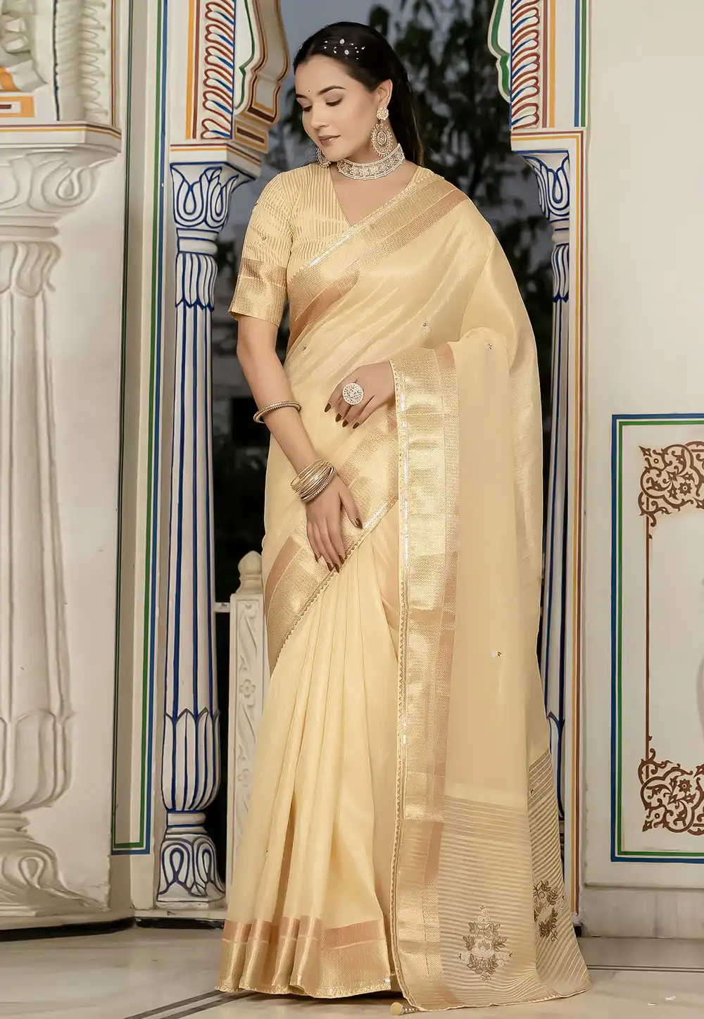 Beige Tissue Saree With Blouse 313344