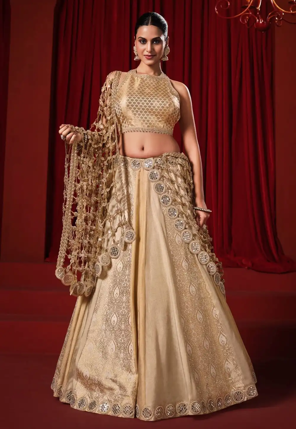 Beige Tissue Silk Circular Lehenga Choli 329140