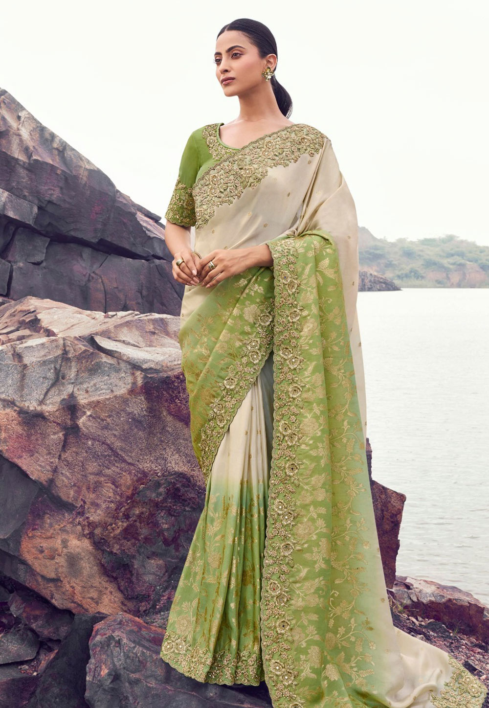 Beige Tissue Silk Half N Half Saree 319728