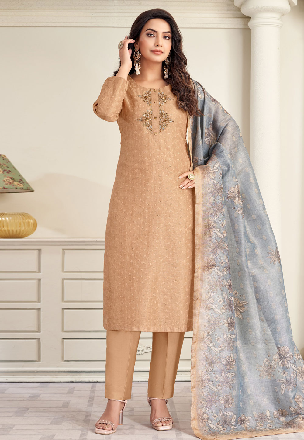 princess polly baby blue dress Organza Embroidered Pakistani Style Plus Size Salwar Kameez in Light Brown