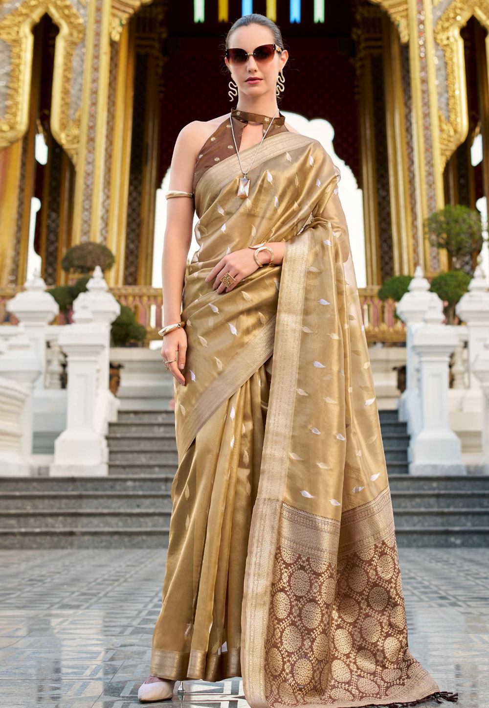 Beige Tissue Silk Saree With Blouse 307732