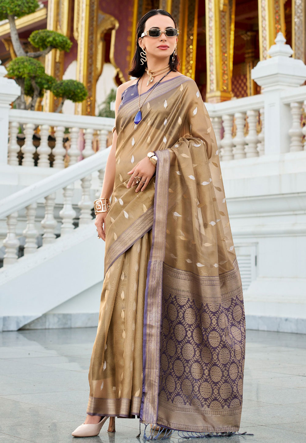 Beige Tissue Silk Saree With Blouse 307734