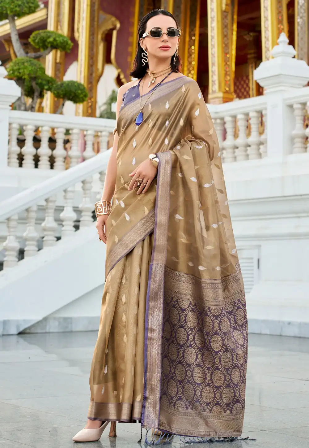 Beige Tissue Silk Saree With Blouse 307734