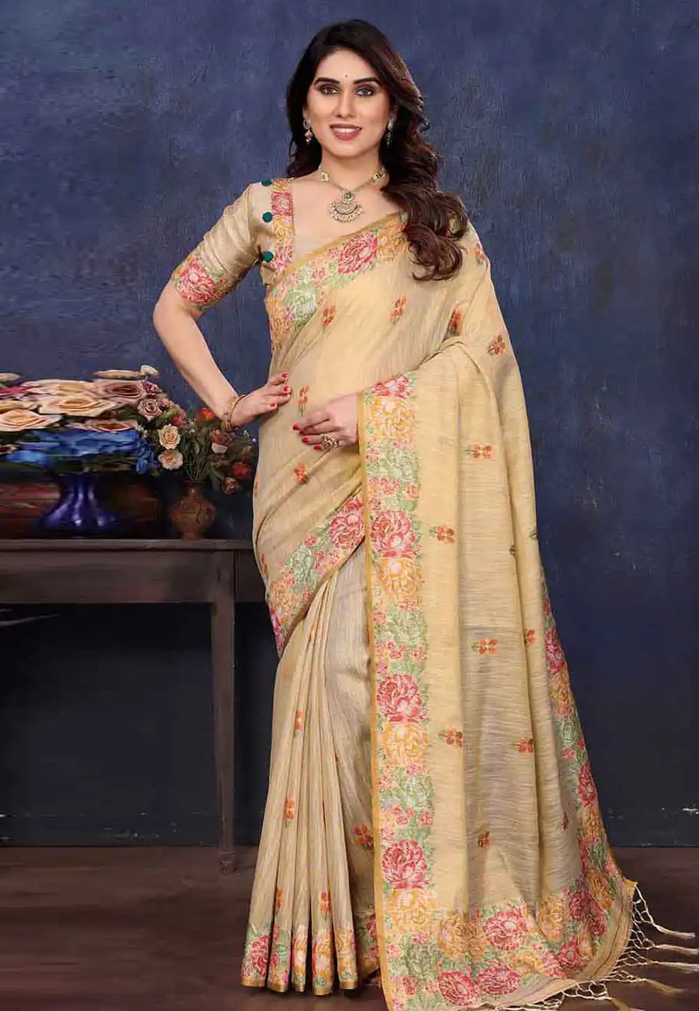 Beige Tissue Silk Saree With Blouse 316550