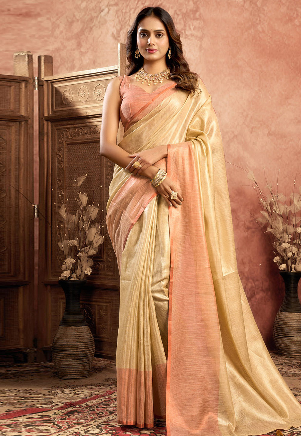 Beige Tissue Silk Saree With Blouse 312514