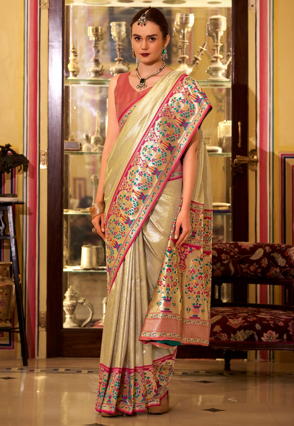 Beige Tissue Silk Saree With Blouse 309117