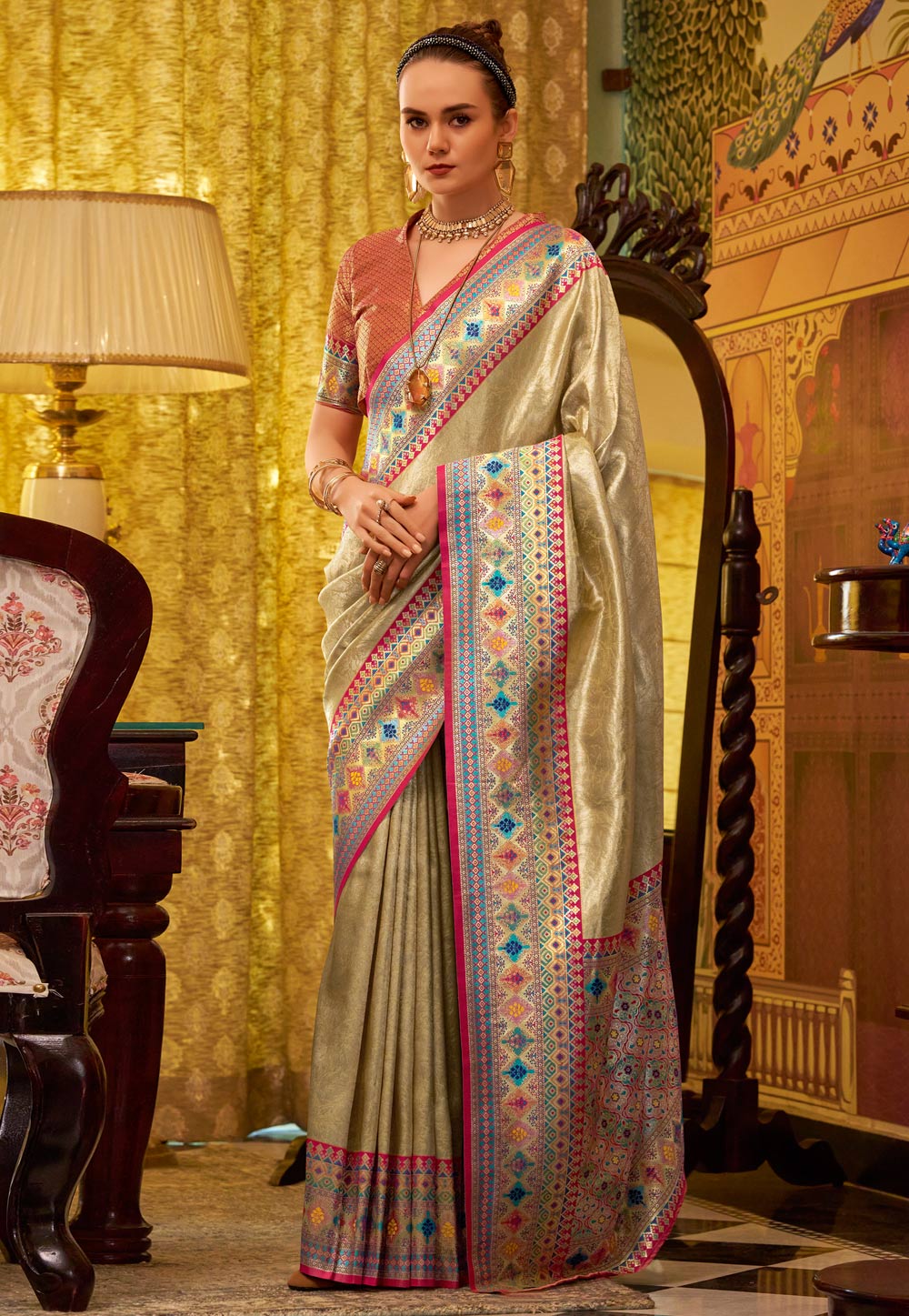 Beige Tissue Silk Saree With Blouse 307222