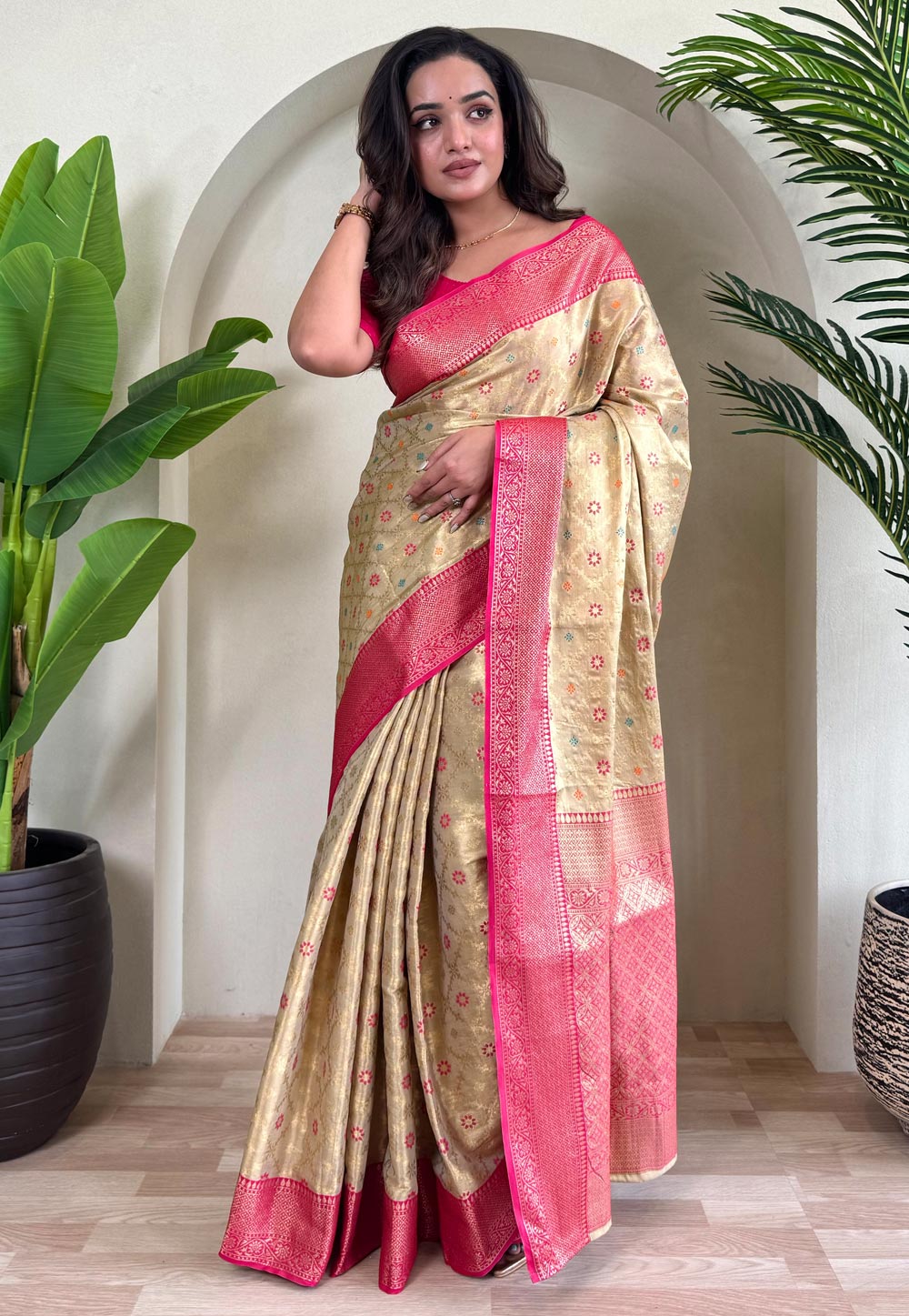 Beige Tissue Silk Saree With Blouse 308214