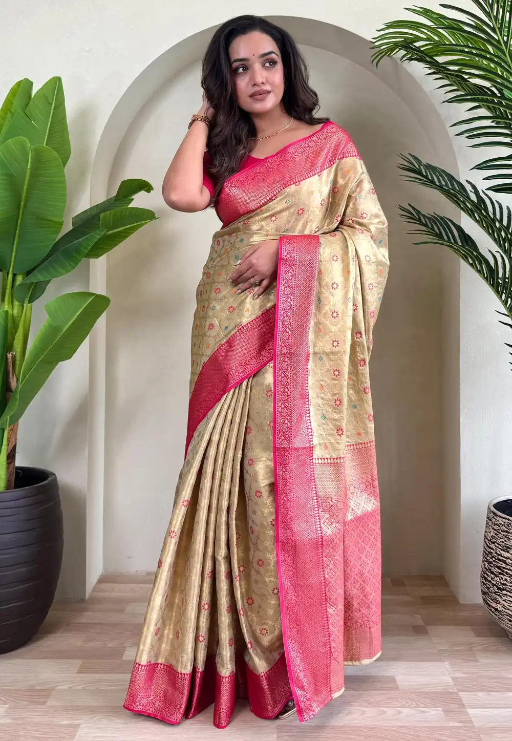 Beige Tissue Silk Saree With Blouse 308214