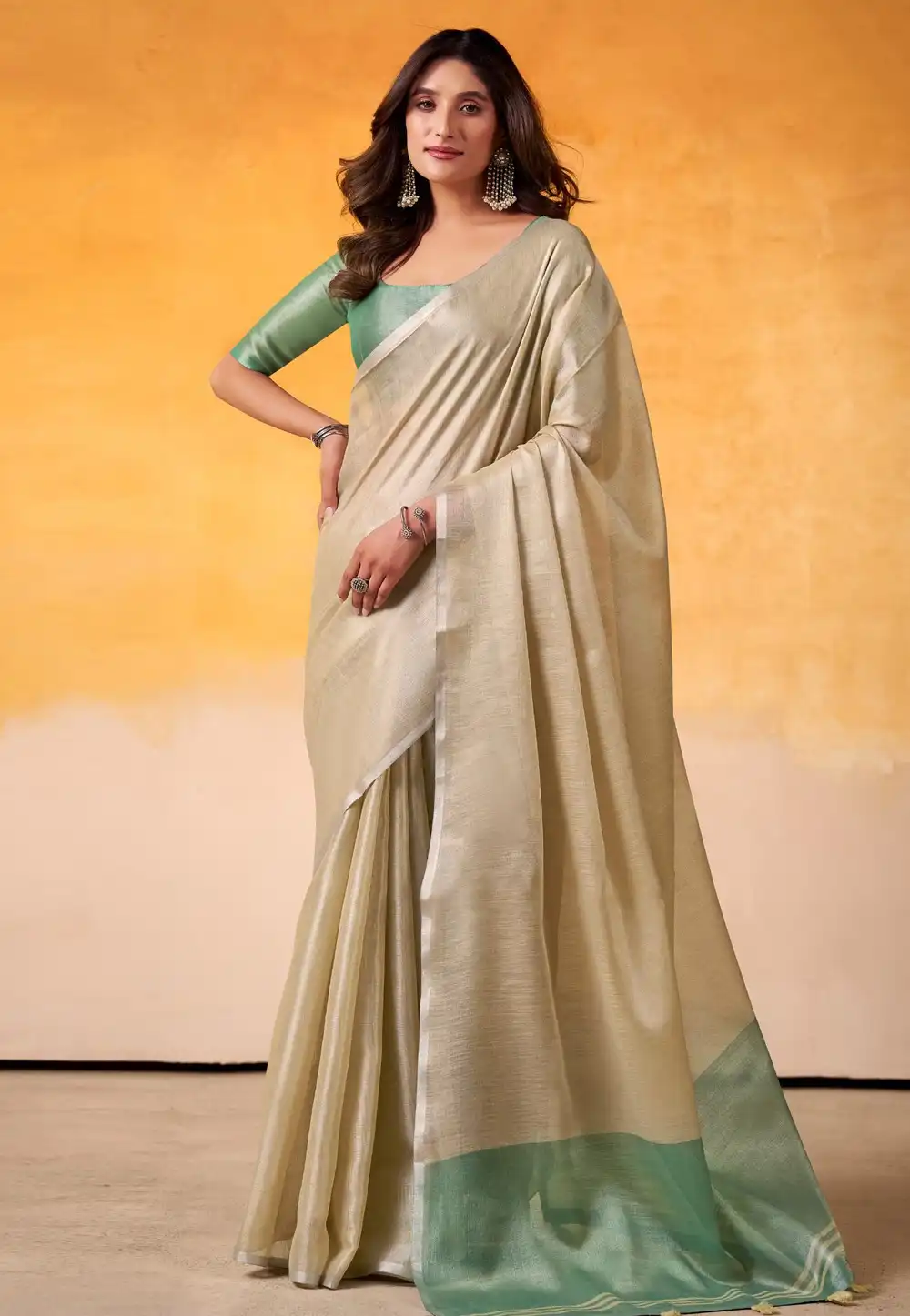 Beige Tissue Silk Saree With Blouse 315383