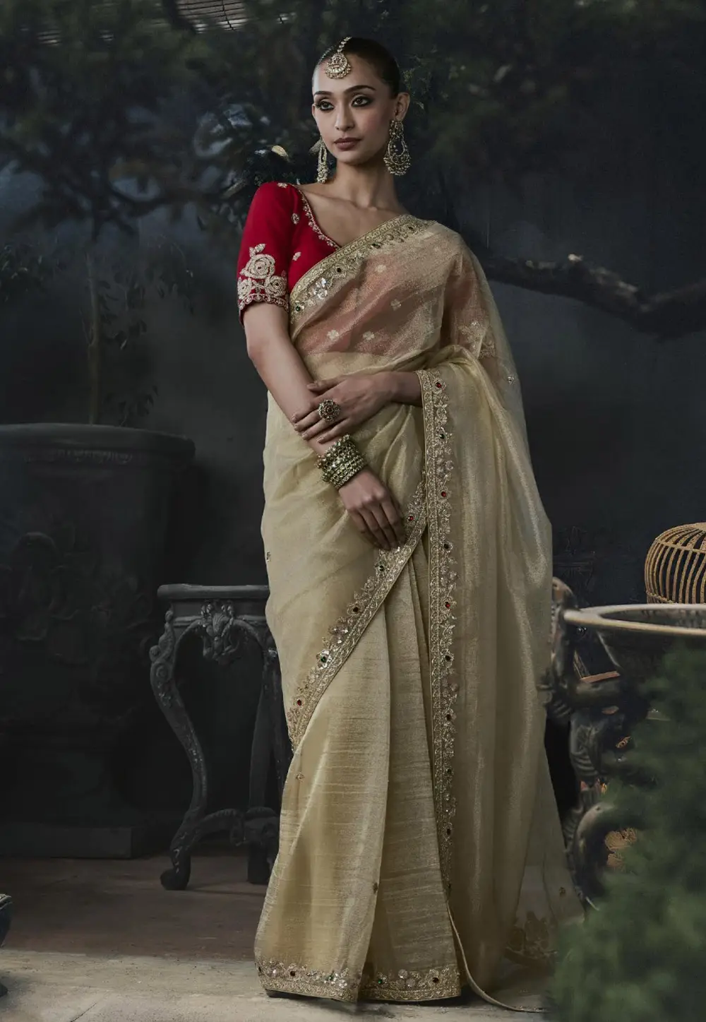 Beige Tissue Silk Saree With Blouse 333026