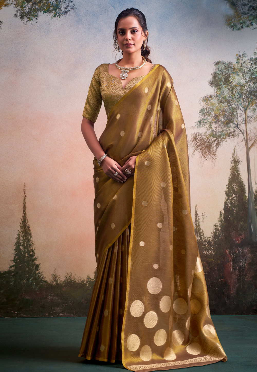 Beige Tissue Silk Saree With Blouse 329039
