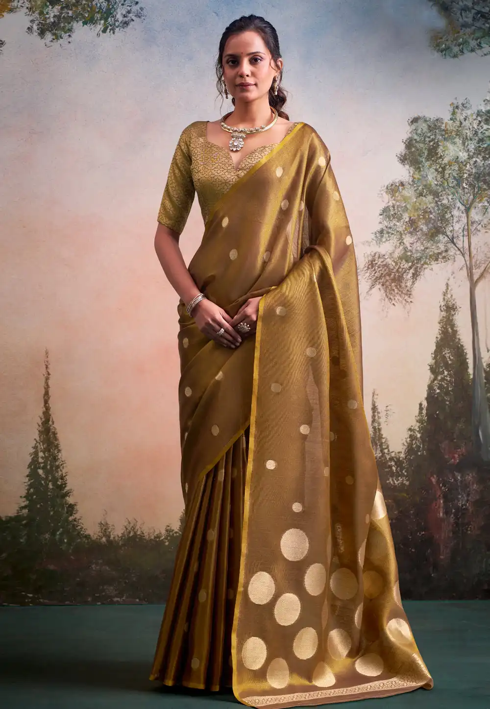Beige Tissue Silk Saree With Blouse 329039