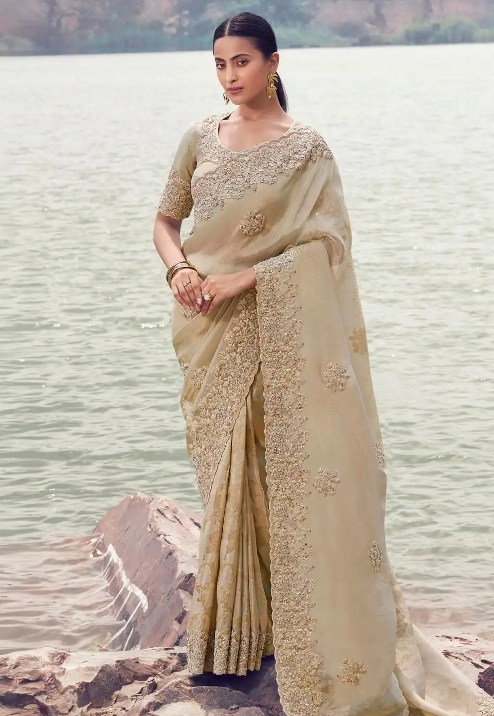 Beige Tissue Silk Saree With Blouse 319718