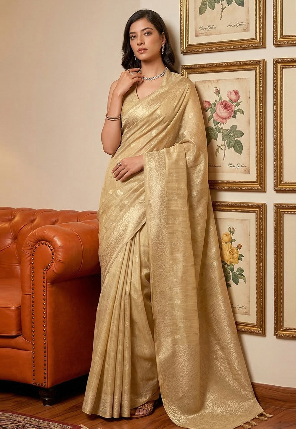 Beige Tissue Silk Saree With Blouse 326685