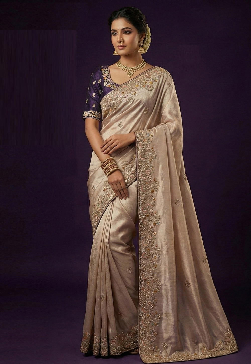Beige Tissue Silk Saree With Blouse 322361