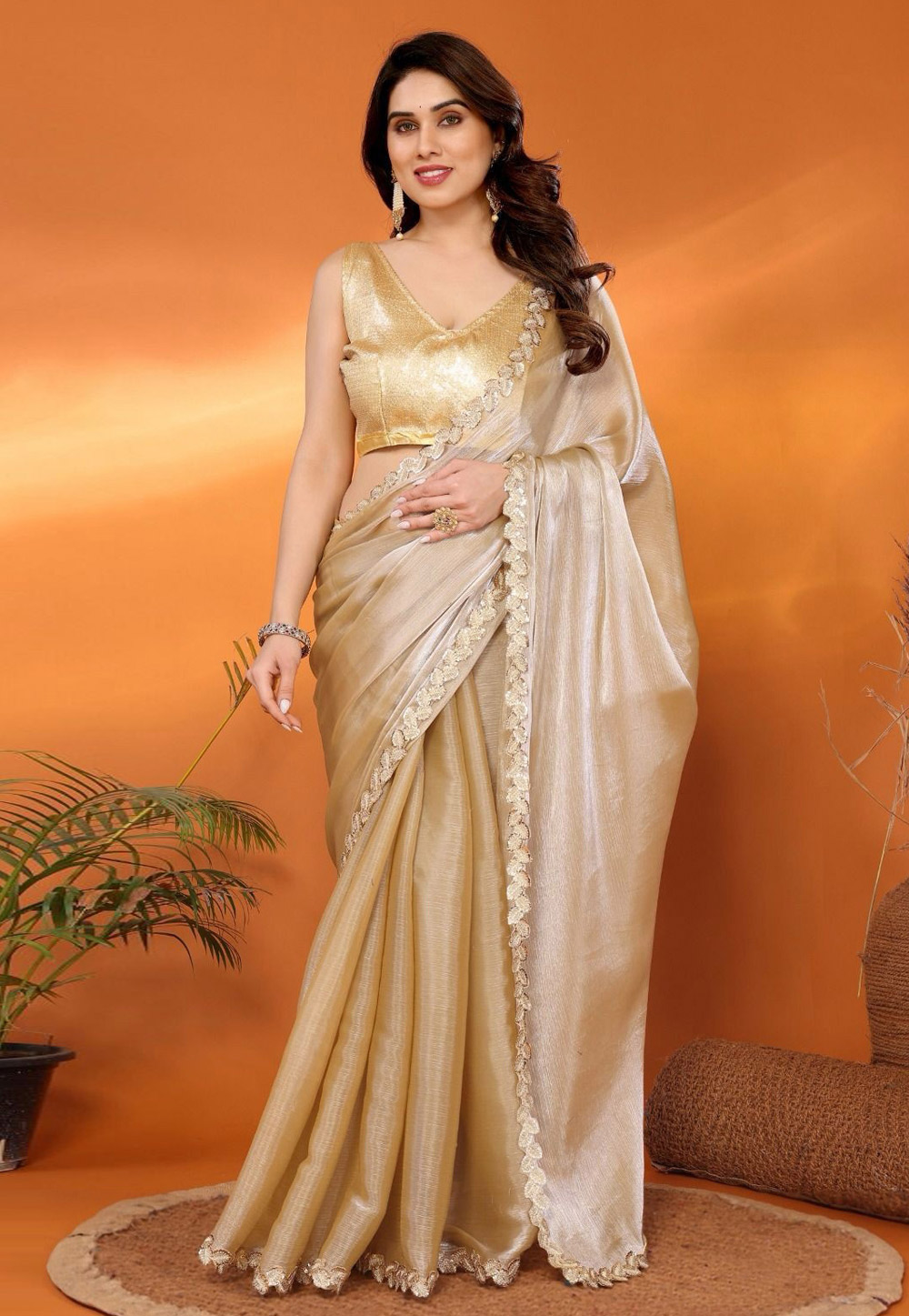 Beige Tissue Silk Saree With Blouse 312064